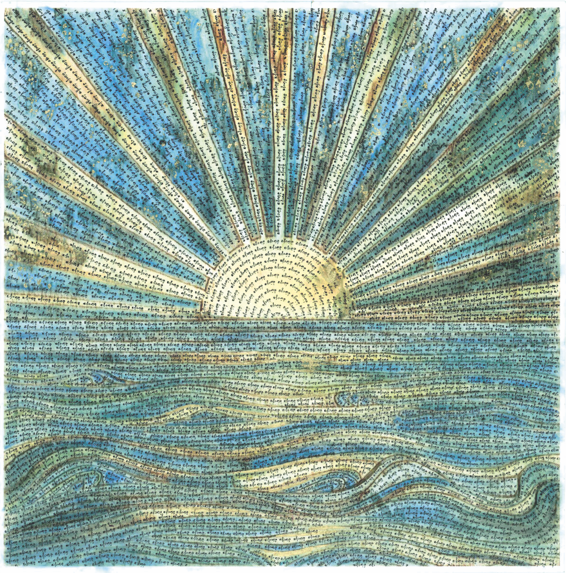 a sun rising on th horizon, where the water meets the sky
