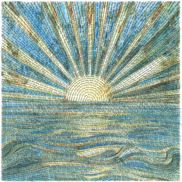 a sun rising on th horizon, where the water meets the sky